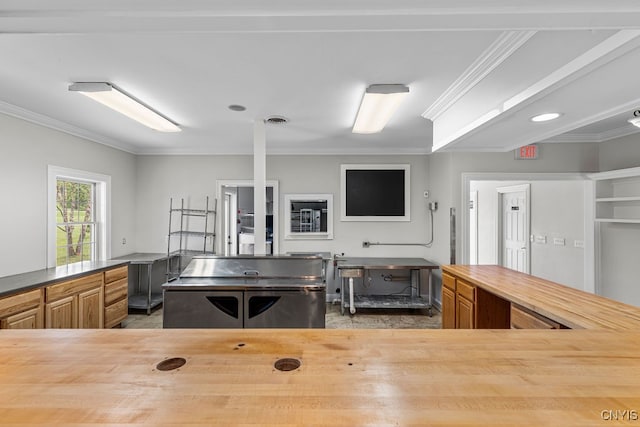 kitchen featuring ornamental molding and wood counters