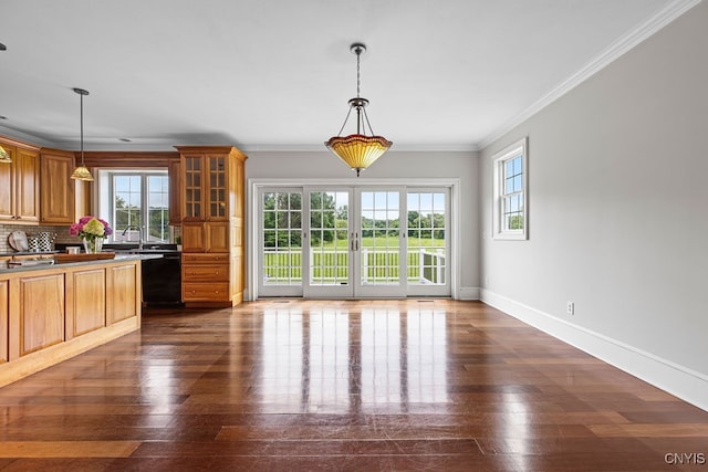 kitchen featuring dark wood-type flooring, pendant lighting, plenty of natural light, and crown molding