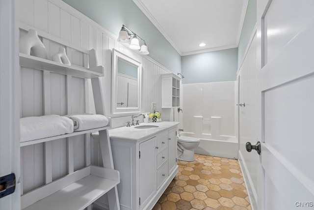 full bathroom featuring crown molding, vanity, toilet, and bathing tub / shower combination