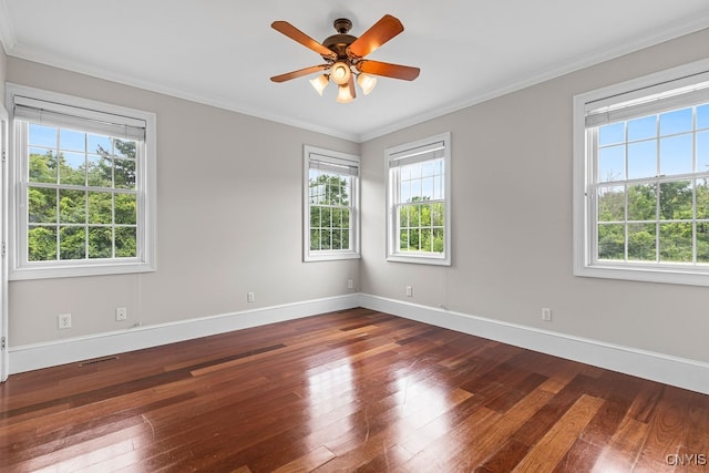 empty room featuring ceiling fan, a wealth of natural light, and dark hardwood / wood-style floors