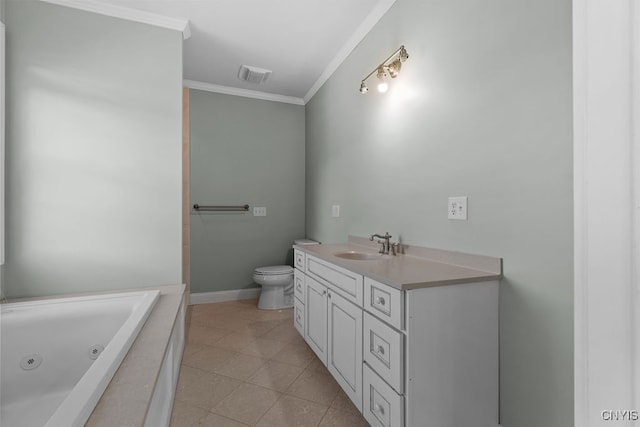 bathroom with toilet, ornamental molding, tiled bath, and vanity