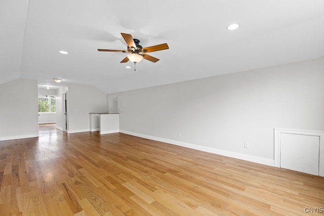 bonus room featuring lofted ceiling, ceiling fan, and light hardwood / wood-style floors