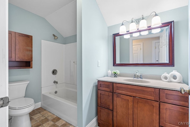 full bathroom with vanity, toilet, shower / bath combination, and vaulted ceiling