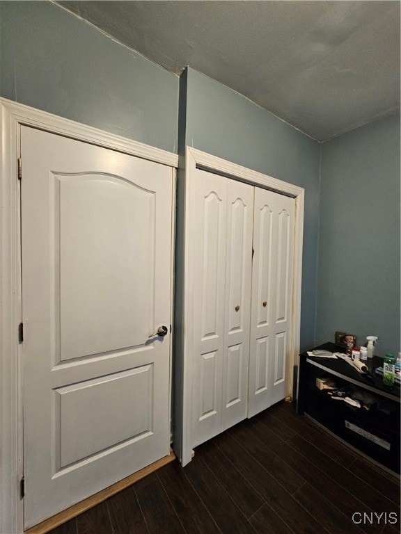 bedroom featuring dark wood-type flooring and a closet