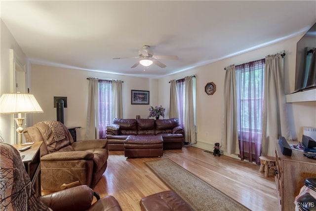 living room with light hardwood / wood-style flooring, ceiling fan, a wood stove, and a healthy amount of sunlight