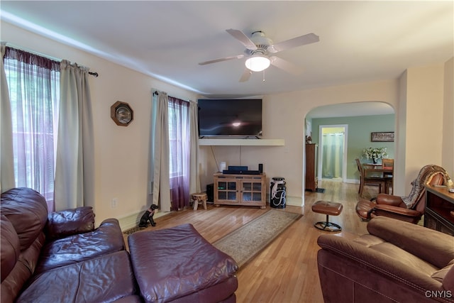 living room featuring light wood-type flooring, a healthy amount of sunlight, and ceiling fan