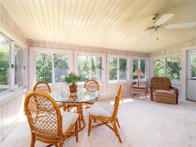 sunroom with ceiling fan and wood ceiling