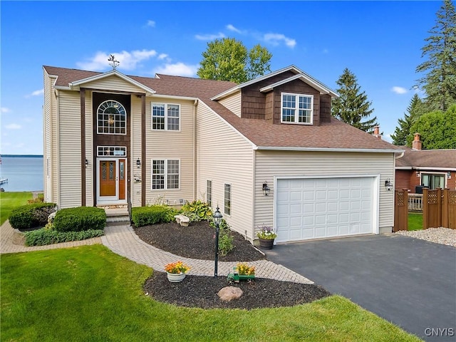 view of front facade with a water view, a garage, and a front lawn