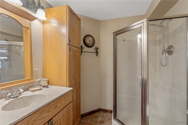 bathroom with vanity, tile patterned flooring, and a shower with door