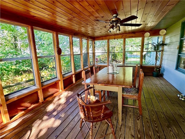 sunroom / solarium featuring plenty of natural light, wooden ceiling, and ceiling fan