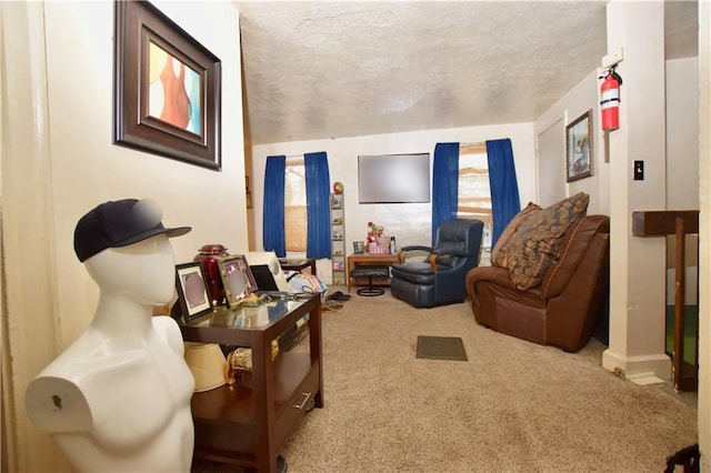 carpeted living room with a textured ceiling