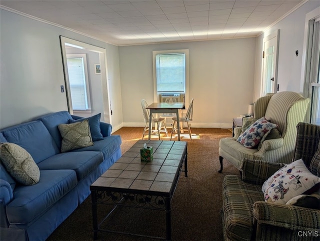 carpeted living room featuring crown molding