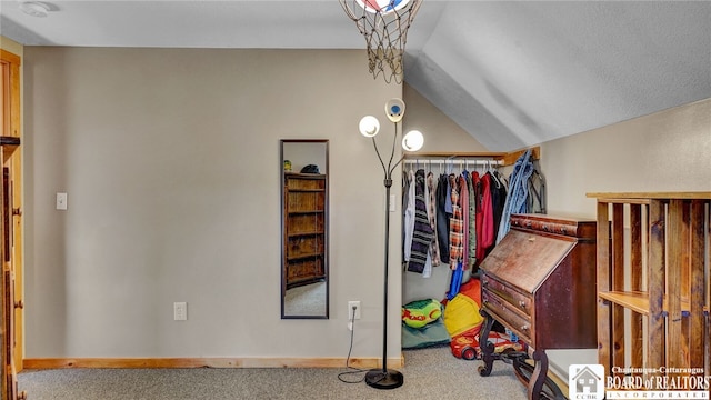 bedroom with lofted ceiling and carpet flooring