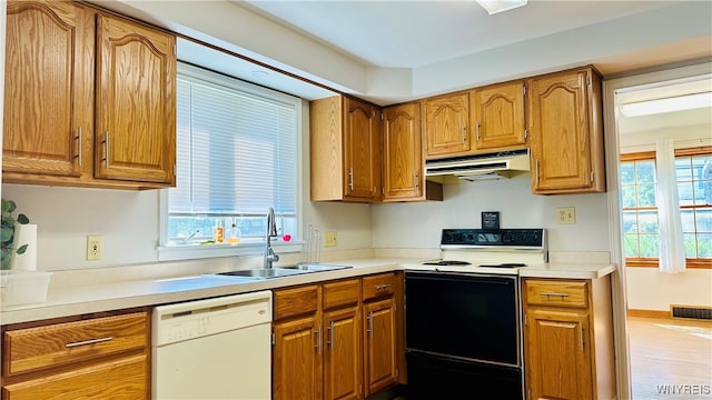 kitchen with wood-type flooring, sink, and white appliances