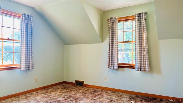 bonus room with a healthy amount of sunlight, vaulted ceiling, and carpet floors