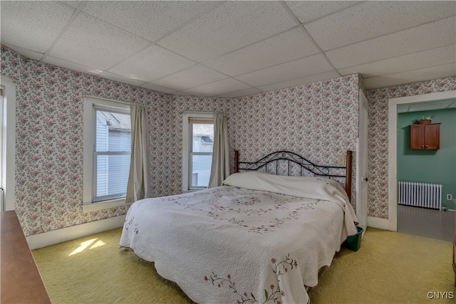 bedroom featuring a paneled ceiling, carpet flooring, and radiator heating unit