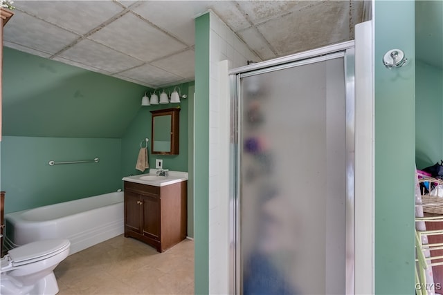 full bathroom with toilet, shower with separate bathtub, a drop ceiling, and vanity