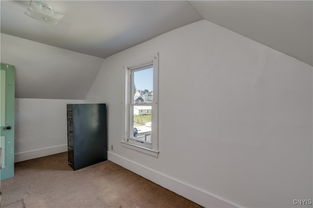 additional living space featuring vaulted ceiling and carpet floors