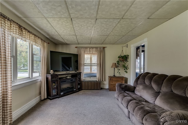 carpeted living room with plenty of natural light and radiator