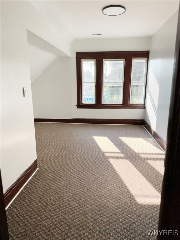 additional living space featuring vaulted ceiling and light colored carpet