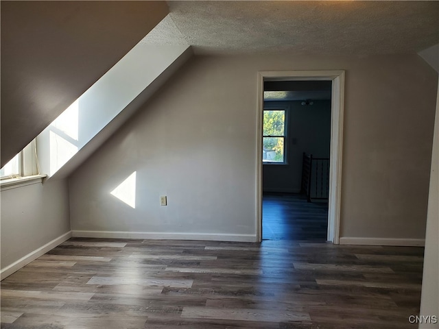 additional living space with vaulted ceiling, a textured ceiling, and wood-type flooring