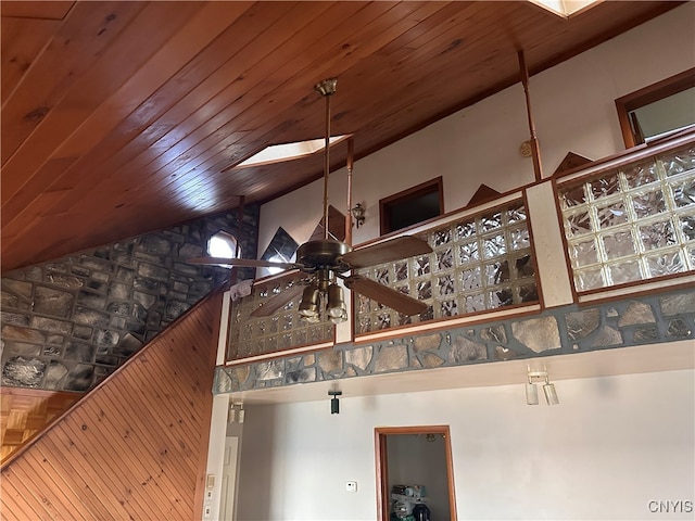 room details with ceiling fan, wood walls, wooden ceiling, and a skylight