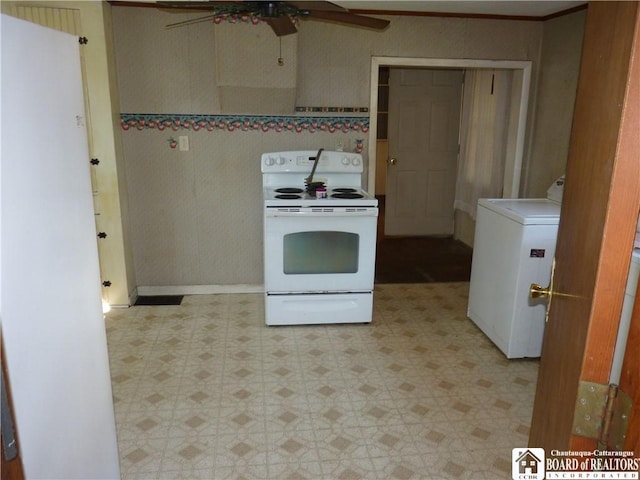 132 Miller St, Sherman, NY 14781 - kitchen featuring a ceiling fan, washer / clothes dryer, white electric stove, and light floors