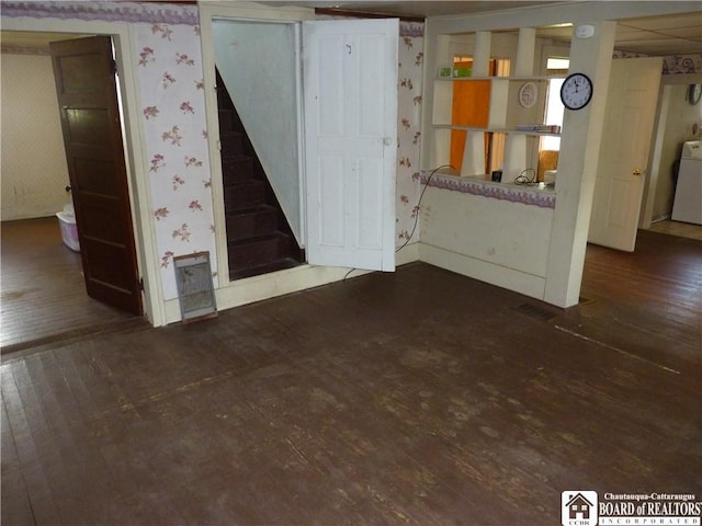 132 Miller St, Sherman, NY 14781 - interior space with stairs, wood-type flooring, baseboards, wallpapered walls, and washer / dryer