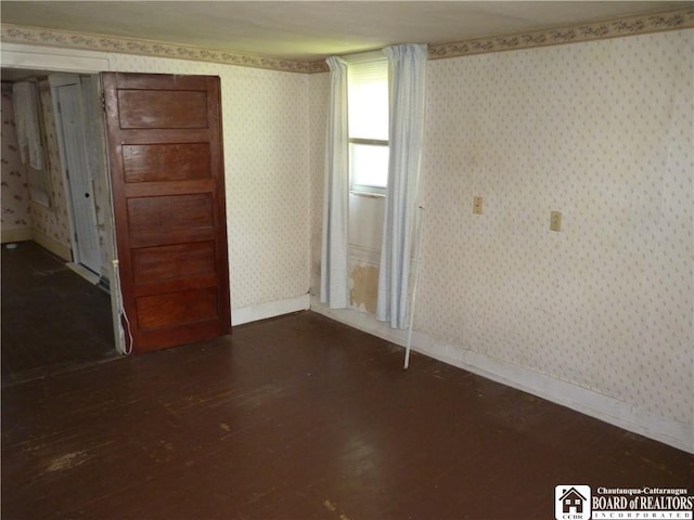 132 Miller St, Sherman, NY 14781 - spare room with baseboards, wallpapered walls, and dark wood finished floors