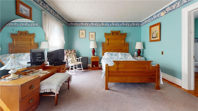 carpeted bedroom with radiator