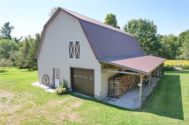 view of property exterior featuring a lawn and a garage