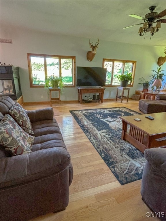 living room with ceiling fan and hardwood / wood-style floors