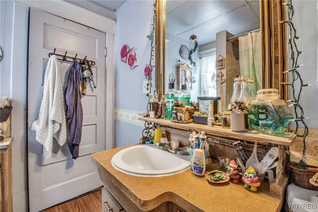 bathroom with vanity and wood-type flooring