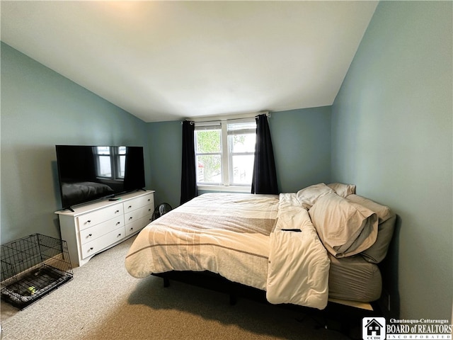 bedroom featuring lofted ceiling and light colored carpet