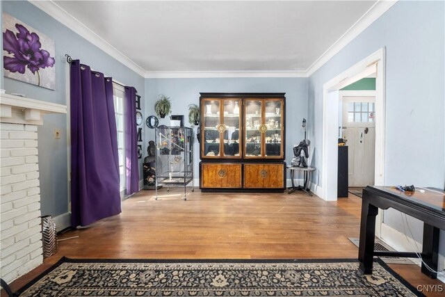 dining space with hardwood / wood-style flooring and ornamental molding