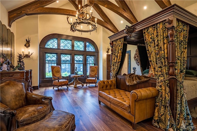 living room featuring high vaulted ceiling, wood-type flooring, an inviting chandelier, and beam ceiling