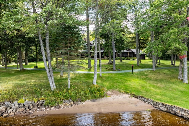 view of community with a yard and a water view