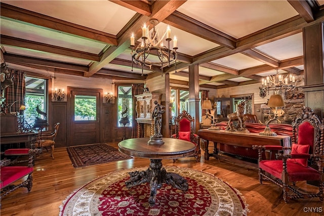 foyer featuring coffered ceiling, hardwood / wood-style flooring, beam ceiling, and a notable chandelier