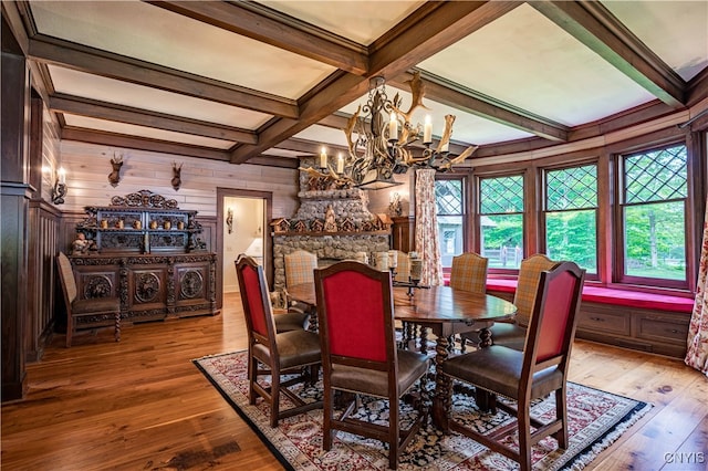 dining room featuring hardwood / wood-style flooring, a notable chandelier, coffered ceiling, wood walls, and beam ceiling