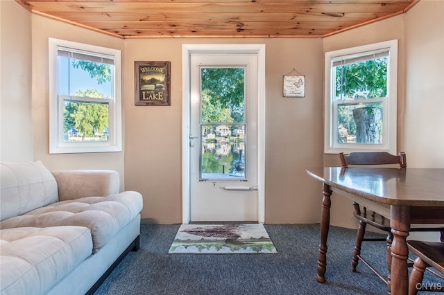 living room featuring wood ceiling, dark colored carpet, and plenty of natural light