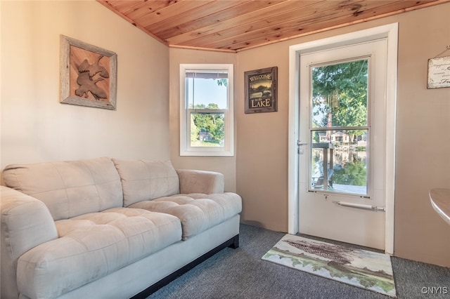 living room with wood ceiling, plenty of natural light, and carpet flooring