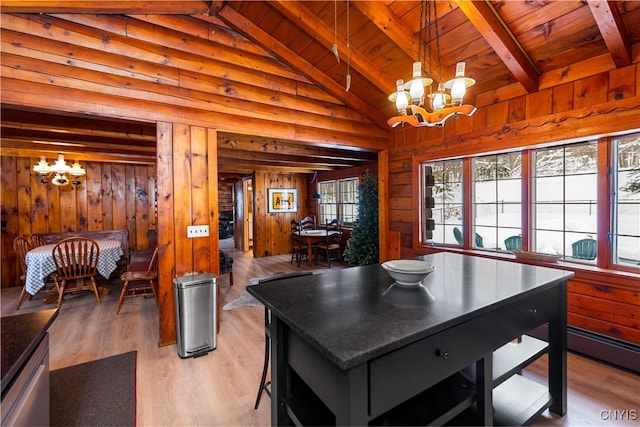 dining room featuring wood walls, lofted ceiling with beams, light hardwood / wood-style floors, and a notable chandelier