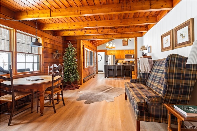 living room with beam ceiling, light hardwood / wood-style floors, wood ceiling, a chandelier, and baseboard heating