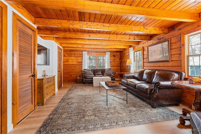 living room featuring wooden ceiling, light wood-type flooring, beam ceiling, and wooden walls