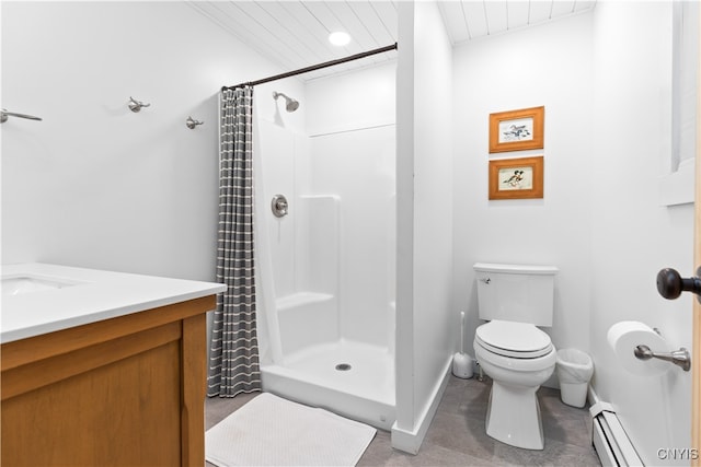 bathroom with a baseboard heating unit, vanity, a shower with curtain, and toilet