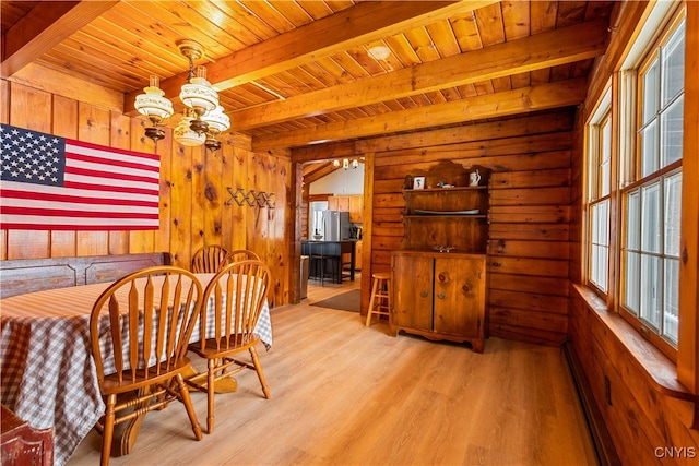 dining space with a healthy amount of sunlight, wood-type flooring, wooden ceiling, and wooden walls