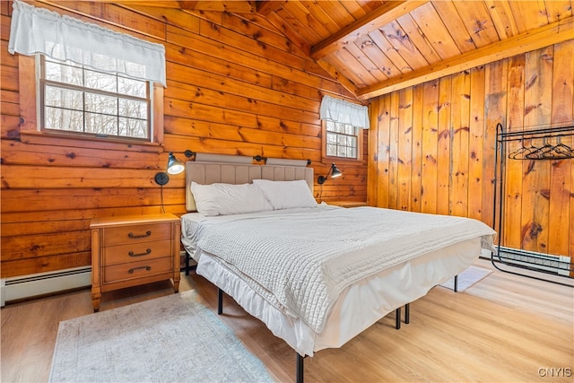 bedroom featuring a baseboard radiator, light hardwood / wood-style floors, wood ceiling, lofted ceiling with beams, and wooden walls