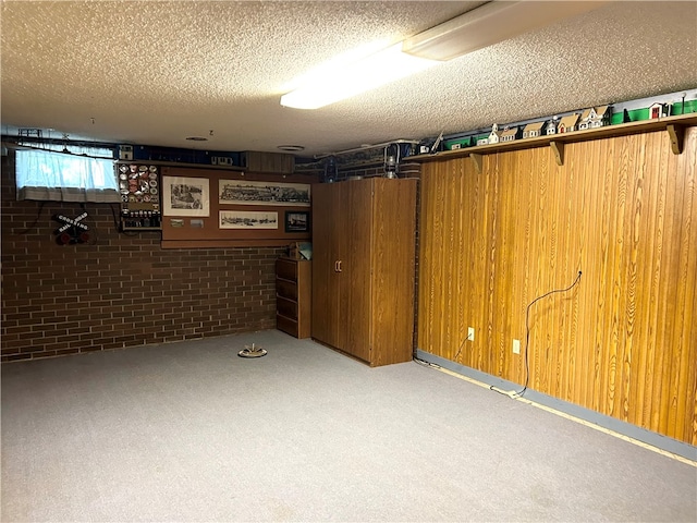 basement with carpet floors and a textured ceiling