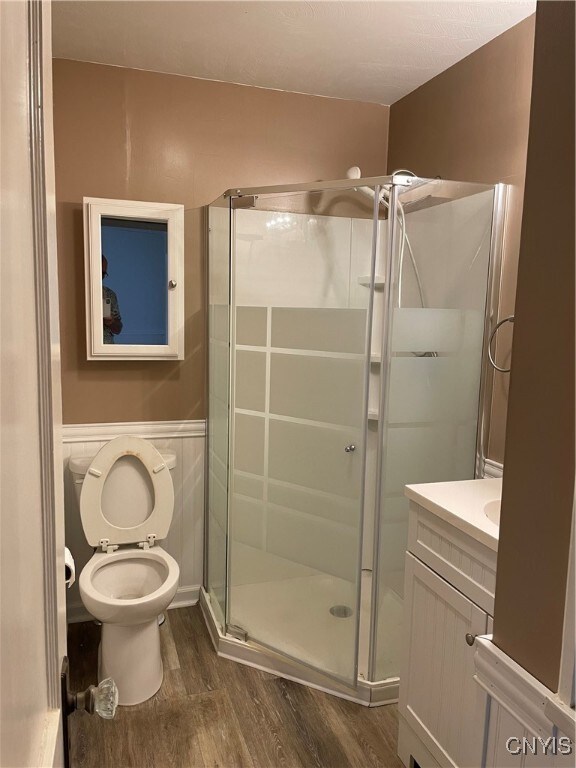 bathroom with an enclosed shower, toilet, hardwood / wood-style flooring, and vanity