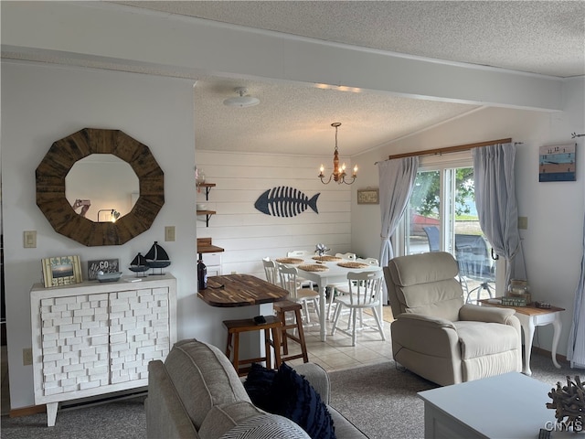 carpeted living room with an inviting chandelier, wooden walls, lofted ceiling, and a textured ceiling